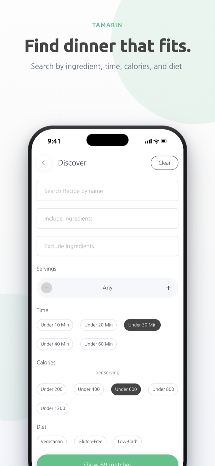 Discover recipes and filter by time, calories and diet