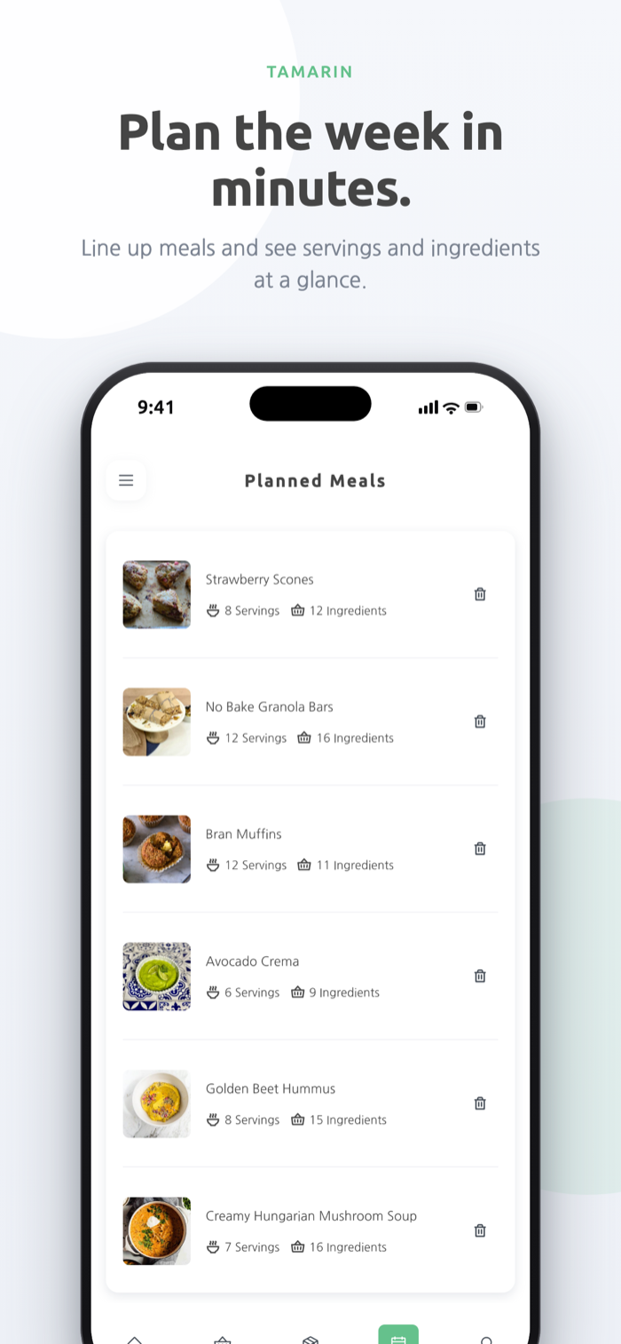 Meal planner with servings and ingredient counts