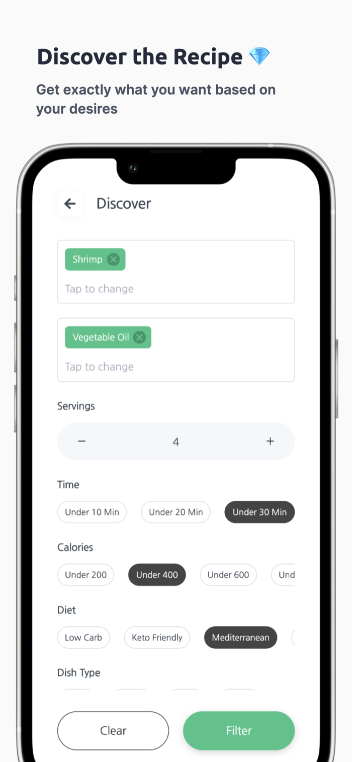 Discover recipes and filter by time, calories and diet